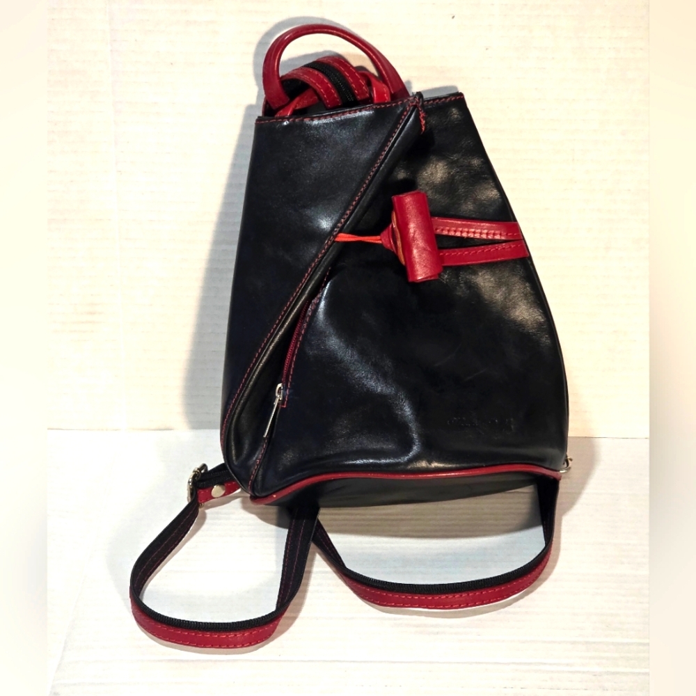 Leather Sling Crossbody Backpack Bag-Purse Black Red